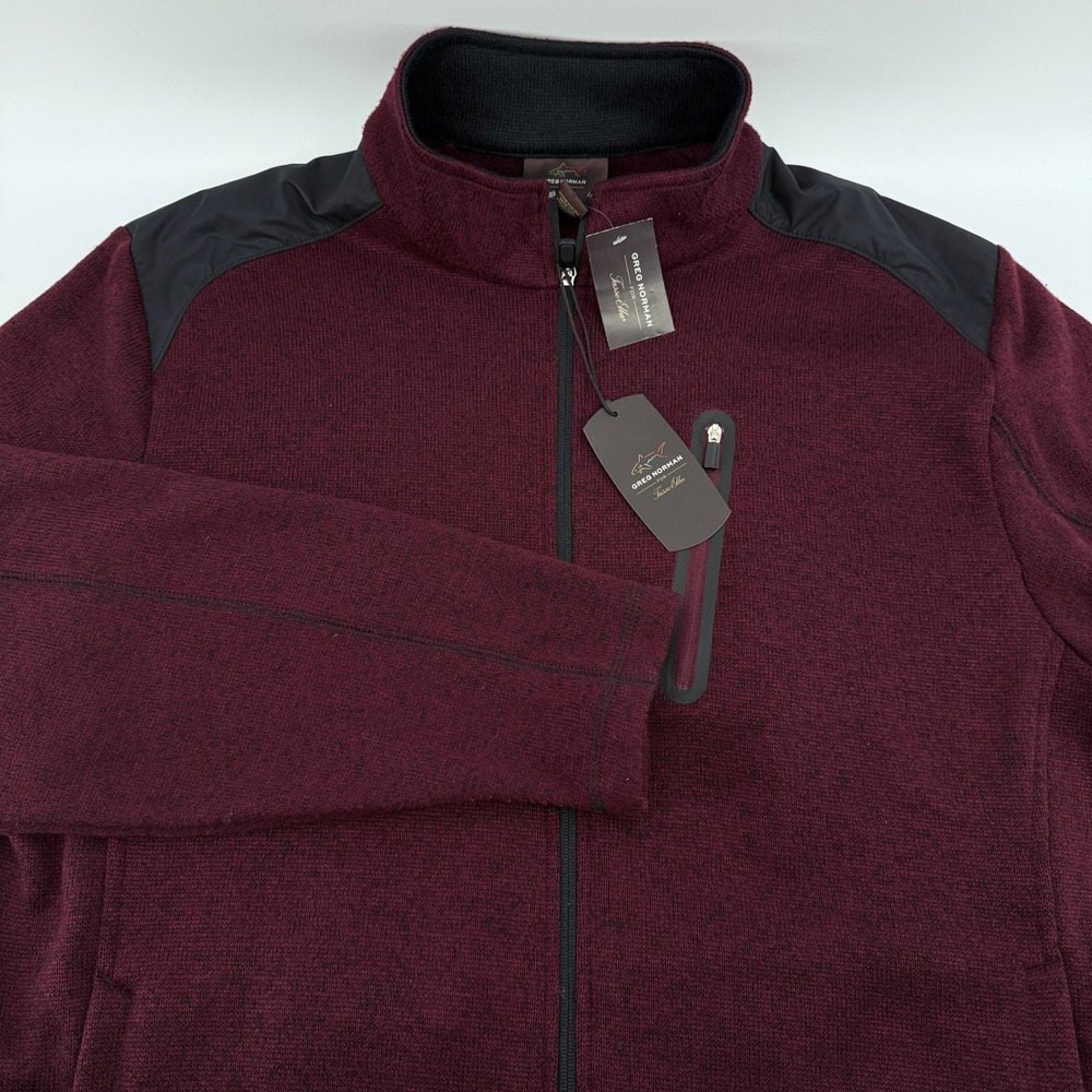Greg Norman Full Zip Sweater Jacket Mens L Burgundy Heathered Fleece Pockets